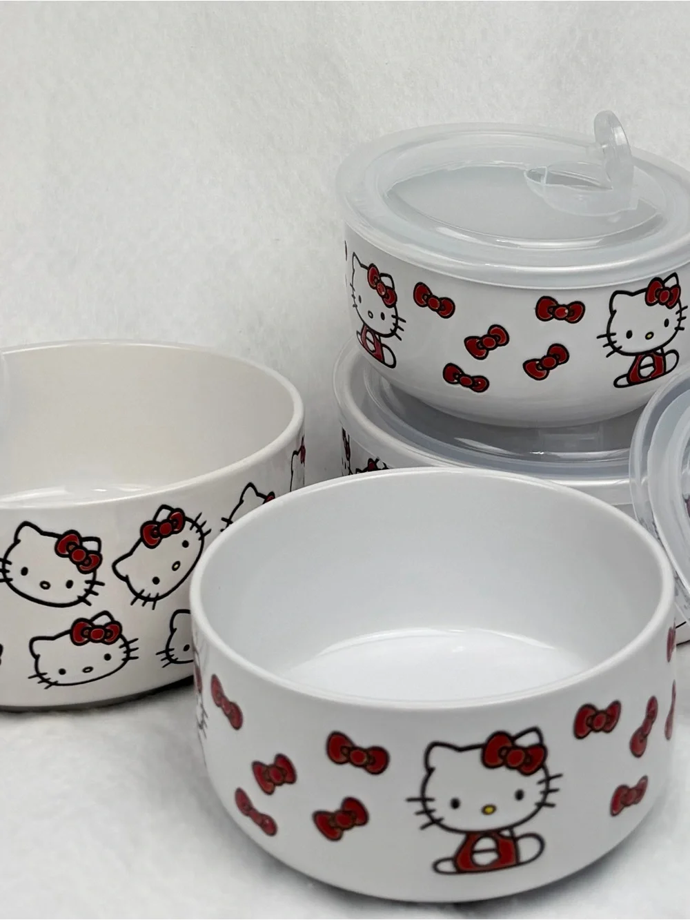 Hello Kitty White Ceramic Bowls with Red Bow Accents & Lids - 8 Piece Set